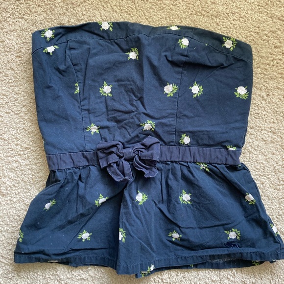 Strapless Blue Smocked Back Top with Bow - Picture 1 of 4